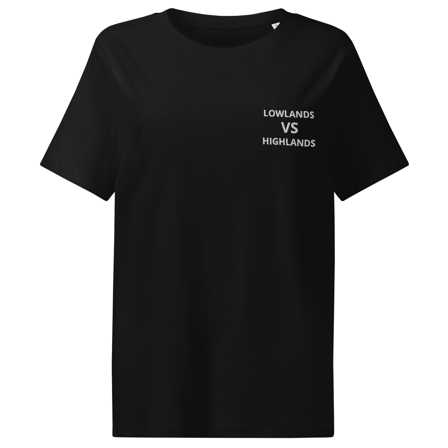 Women’s organic ribbed neck t-shirt "Lowlands VS Highlands"