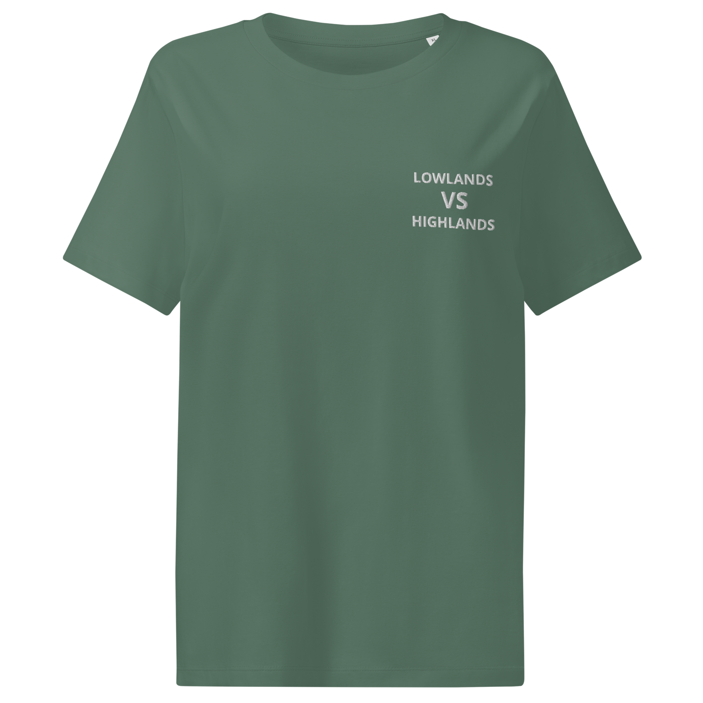 Women’s organic ribbed neck t-shirt "Lowlands VS Highlands"