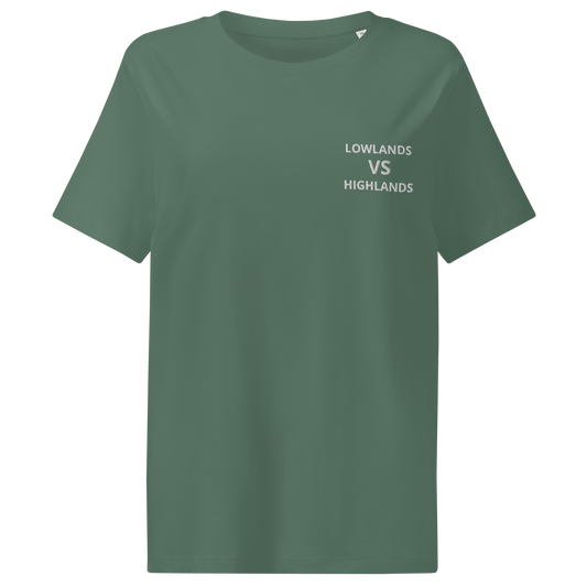 Women’s organic ribbed neck t-shirt "Lowlands VS Highlands"